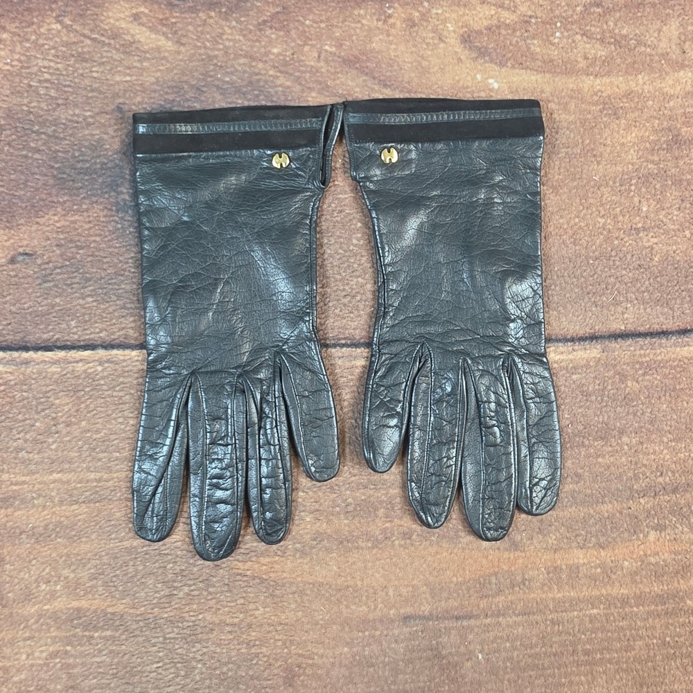 Halston Leather Gloves Womens One Size Black Excellent Silk Lined Gold Hardware